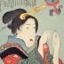 A beauty adjusting her makeup (化粧) from the series "Types of the Floating World Seen Through a Physiognomist's Glass" (<i>Ukiyo jinsei tengankiyō</i> - 浮世人精天眼鏡)