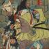 Nakamura Tsuruzō I [中村鶴蔵] as Sagisaka Bannai (鷺坂伴内) harassing the <i>koshimoto</i> Okaru (こし元おかる) performed by Iwai Kumesaburō III [岩井粂三郎] from the play <i>"Kanadehon Chūshingura"</i> ['Copybook of the Treasury of Loyal Retainers': 仮名手本忠臣蔵] - possible center panel of a triptych