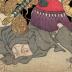 Nakamura Utaemon III (中村歌右衛門) as Saibara Kageyu (才原勘解由) on the right and Ichikawa Ebijūrō I (市川鰕十郎) as Matsugae Tekinosuke (松が枝敵之介) in the play <i>Meiboku Sendai Hagi</i>
