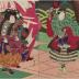 Nakamura Komanosuke V (中村駒之助) as Kainosuke (甲斐之助) on the right and Nakamura Jakuemon I (中村雀右衛門) as Komakine Hachirō (駒木根八郎) to his left, in <i>Irokurabe Aki no Nanakusa</i> (色競秋七草)