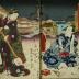 Two page illustration from an <i>ehon</i> of Chapter 21 of the <i>Hokusetsu bidan jidai kagami</i> ('Uplifting Tale of Northern Snows' Mirror of the Ages -北雪美談時代加々見) 