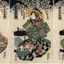 Three panels from the series Cherry Blossoms at Night in the New Yoshiwara (<i>Shin Yoshiwara yozakura</i> - 新吉原夜桜) - Chōdayū (長太夫) of the Okamotoya on the left
