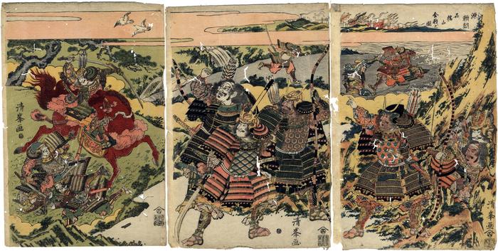 Warrior (<i>musha-e</i>) triptych of Minamoto no Yoritomo  at the Battle of Ishibashiyama (源頼朝石橋山合戦之図)