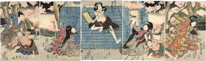 From the right: Arashi Tomisaburō II (嵐富三郎) as Usuyukihime, Sawamura Kunitaro II (澤村國太郎) as nyōbō Kojoro (女房小女郎), Nakamura Tsurūjirō I (中村鶴十郎) as Fugen no Gonhei, Nakamura Utaemon III (中村歌右衛門) as Jizo no Goheiji (地蔵の五平次) in the center, Nakamura Matsue III (中村松江) as Musume Omitsu (娘おみつ), Arashi Shagan (嵐舎丸) as Miroku no Tanin (みろくの他人) and Asao Gakujūrō (浅尾額十郎) as Sonobe Iori i(園部 伊織) in the play "Hanafubuki Uta no Nadokoro" 
