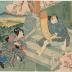 From the right: Arashi Tomisaburō II (嵐富三郎) as Usuyukihime, Sawamura Kunitaro II (澤村國太郎) as nyōbō Kojoro (女房小女郎), Nakamura Tsurūjirō I (中村鶴十郎) as Fugen no Gonhei, Nakamura Utaemon III (中村歌右衛門) as Jizo no Goheiji (地蔵の五平次) in the center, Nakamura Matsue III (中村松江) as Musume Omitsu (娘おみつ), Arashi Shagan (嵐舎丸) as Miroku no Tanin (みろくの他人) and Asao Gakujūrō (浅尾額十郎) as Sonobe Iori i(園部 伊織) in the play "Hanafubuki Uta no Nadokoro" 