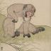 Seated monkey studying a wasp by its stinger in his hand [猿と蜂 - <i>Saru to hachi</i>]