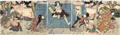 From the right: Arashi Tomisaburō II (嵐富三郎) as Usuyukihime, Sawamura Kunitaro II (澤村國太郎) as nyōbō Kojoro (女房小女郎), Nakamura Tsurūjirō I (中村鶴十郎) as Fugen no Gonhei, Nakamura Utaemon III (中村歌右衛門) as Jizo no Goheiji (地蔵の五平次) in the center, Nakamura Matsue III (中村松江) as Musume Omitsu (娘おみつ), Arashi Shagan (嵐舎丸) as Miroku no Tanin (みろくの他人) and Asao Gakujūrō (浅尾額十郎) as Sonobe Iori i(園部 伊織) in the play "Hanafubuki Uta no Nadokoro" 
