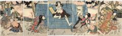 From the right: Arashi Tomisaburō II (嵐富三郎) as Usuyukihime, Sawamura Kunitaro II (澤村國太郎) as nyōbō Kojoro (女房小女郎), Nakamura Tsurūjirō I (中村鶴十郎) as Fugen no Gonhei, Nakamura Utaemon III (中村歌右衛門) as Jizo no Goheiji (地蔵の五平次) in the center, Nakamura Matsue III (中村松江) as Musume Omitsu (娘おみつ), Arashi Shagan (嵐舎丸) as Miroku no Tanin (みろくの他人) and Asao Gakujūrō (浅尾額十郎) as Sonobe Iori i(園部 伊織) in the play "Hanafubuki Uta no Nadokoro" 