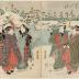 Iwai Hanshirō V (岩井半四郎) in the role of an onnagata in the snow - the left-hand panel of a triptych of a winter scene at Terashima - probably a mitate