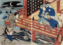 Nakamura Utaemon III (中村歌右衛門) as Ishikawa Goemon (石川五右衛門) on the right and Arashi Rikan II (嵐璃寛) as Omi no Funauri Gengorō (近江ノ鮒売源五郎) from the play <i>Keisei Setsugekka</i> [けいせい雪月花]