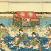 Imaginary scene of the crossing of the Ōi River (<i>Ōikawa mitate kawagoshi</i> - 大井川見立川越): Nakamura Fukusuke I and Nakamura Tsuruzō I on the right; Iwai Kumesaburō III and Nakamura Ichizō I (?); Ichikawa Kodanji IV and Bandō Hikosaburō V; Onoe Kikujirō II and Kataoka Gadō II; and Arashi Kichisaburō III and Onoe Kikugorō IV on the left