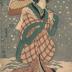 Nakamura Utaemon III (中村歌右衛門) in a kabuki role as a figure standing in the snow, holding an umbrella 