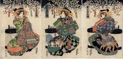 Three panels from the series Cherry Blossoms at Night in the New Yoshiwara (<i>Shin Yoshiwara yozakura</i> - 新吉原夜桜) - Chōdayū (長太夫) of the Okamotoya on the left