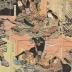 Left and central panels of a triptych of Musashibō Benkei (武蔵坊弁慶) capturing Tosabō during the night attack at Horikawa (<i>Horikawa yo uchi</i> - 堀川夜討)