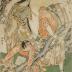 Yamauba (山姥) on the left, Kaidōmaru (怪童丸) in the center, and Mita no shi (三田仕) on the right - with acrobatic men dressed as animals - possibly from a <i>shosagoto</i> [所作事] performance