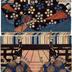 Sugawara no Michizane [菅原道真] seated on a <i>tatami</i> mat in formal court robes before his favorite plum and pine trees - at the Tenmangū Shrine  
