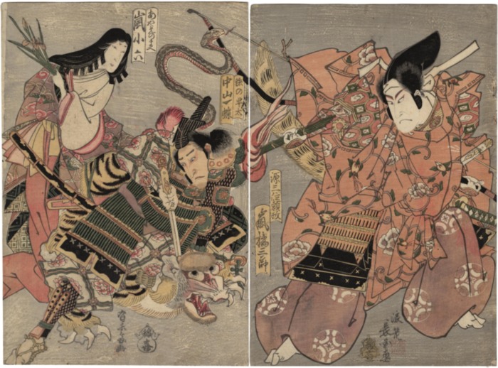 <i>Yorimasa Nue Monogatari</i> (頼政鵺物語 the story of Yorimasa and the <i>Nue</i>) - Arashi Kitsusaburō I (嵐橘三郎) as Minamoto no Yorimasa (源三位頼政)on the right while his assistant, Ino no Hayata (猪の早太) played by Nakayama Icchō IV (中山一蝶), kills the <i>Nue</i> as Ayame no Mae (あやめのまへ)  played by Arashi Koroku IV (嵐小六) looks on