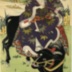 Posthumous portrait of Arashi Rikan I (嵐璃寛) as Kiso Yoshinaka (木曾義仲) riding an ox as seen in the play <i>Gunpō Fujimi Saigyō</i> (軍法富士見西行)