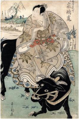 Posthumous portrait of Arashi Rikan I (嵐璃寛) as Kiso Yoshinaka (木曾義仲) riding an ox as seen in the play <i>Gunpō Fujimi Saigyō</i> (軍法富士見西行)