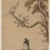 Sugawara no Michizane [菅原道真] seated on a <i>tatami</i> mat in formal court robes before his favorite plum and pine trees - at the Tenmangū Shrine  