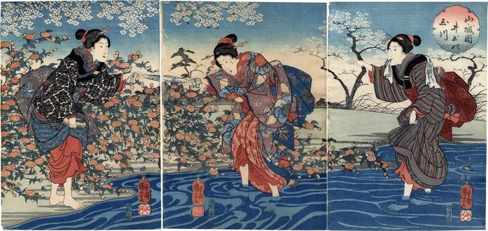The Ide Jewel River in Yamashiro Province (<i>Yamashiro no kuni Ide no Tamagawa</i> - 山城国井出の玉川) from an untitled triptych series of <i>Six Jewel Rivers</i> (<i>Mu Tamagawa</i> -  六玉川)