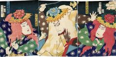 Sawamura Tosshō II (二代目沢村訥升) as Tomiki Saburō (冨貴三郎) on the right, Nakamura Shikan IV (中村芝翫) as Hidetarō (英太郎) in the middle, and Ōtani Tomoemon V (五代目大谷友右衛門) on the left as Fukami Jirō (深見次郎) in the play <i>Sangoku Kumiage Tōrō</i> [和漢竺爼上灯篭]