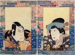 Onoe Kikugorō III (尾上菊五郎) as Shizuka Gozen (静御前) on the right and Nakamura Utaemon III (中村歌右衛門) as Kitsune Tadanobu (狐忠信) from the play <i>Yoshitsune Senbon Zakura</i> [義経千本桜]