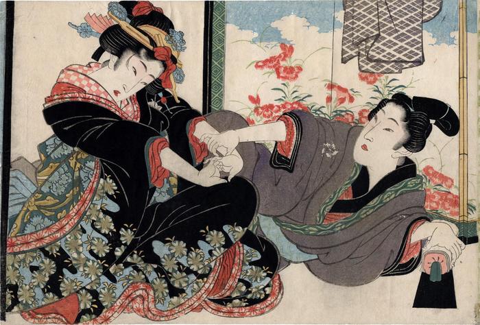 Amorous couple before a screen painted with <i>nadeshiko</i> from the series 'Secret Conversations with Courtesans' (<i>Keisei higo</i> - 契情秘語)