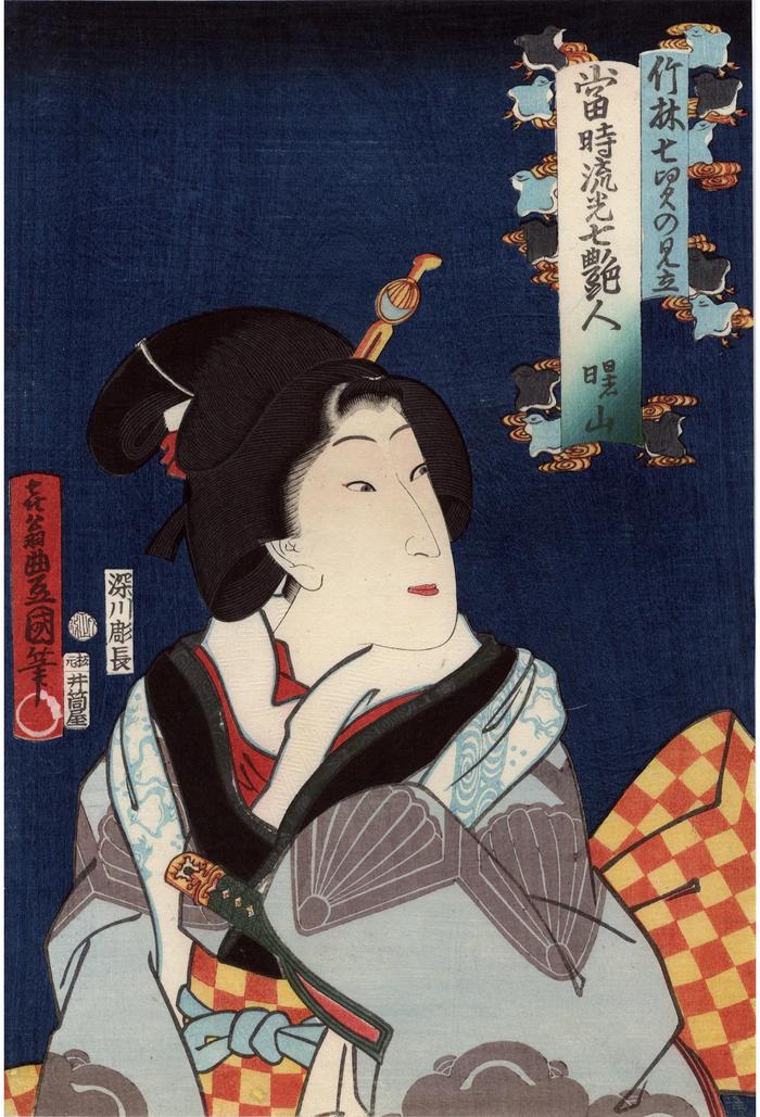 Shozan (曙山), the poetry name of Sawamura Tanosuke III, from the series <i>Seven Popular Idols of the Present Day, a Parody of the Seven Sages of the Bamboo Grove</i> (<i>Chikurin shichikenjin no mitate</i> - 竹林七賢の見立, <i>Tōsei ryūkō shichi enjin</i> - 当時流光七艶人)　　
