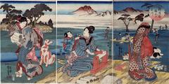 The Cloth-fulling Jewel River in Settsu Province (<i>Settsu no kuni Tōi no Tamagawa</i> - 摂津国檮衣の玉川) from an untitled triptych series of <i>Six Jewel Rivers</i> (<i>Mu Tamagawa</i> - 六玉川) 