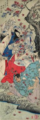 Taira no Koremochi Vanquishes a Female Demon at Togakushi Mountain (<i>Taira Koremochi Togakushiyama kijo taiji no zu</i> - 平維茂戸隠山鬼女退治之図) 
