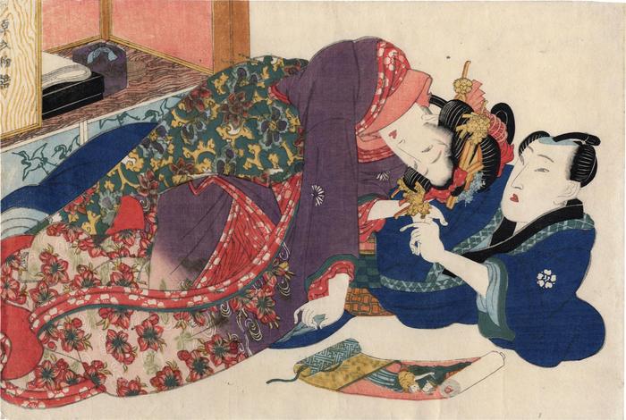 Amorous couple with a small painted scroll from the series 'Secret Conversations with Courtesans' (<i>Keisei higo</i> - 契情秘語)