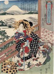Parody of Zhu Wu: the Divine Strategist "Shinkigunshi Shubu no mitate" (神機軍師朱武の見立) from "Tsūzoku Suikoden Gōketsu Hyaku-hachi-nin no Hitori" (通俗水滸伝豪傑百八人之一個) The hundred and eight heroes of the Suikoden "Ōgiya uchi Hanaōgi" The courtesan Hana-Ogi of the Ogiya house (扇屋内　花扇) 