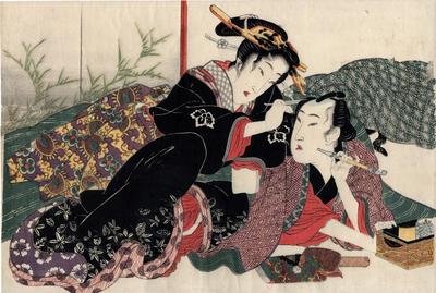 Amorous couple, she fixes his hair while he smokes from the series 'Secret Conversations with Courtesans' (<i>Keisei higo</i> - 契情秘語)
