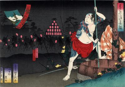 Onoe Tamizō II (尾上多見蔵) as Danshichi Kurobei (団七九郎兵衛) in the play <i>Natsu Matsuri Naniwa Kagami</i> (夏祭浪花鑑) - "Summer" from the series "Pictures of the Four Seasons" (<i>mitate Shiki no ichi-natsu</i>)