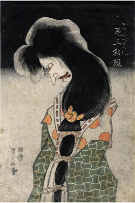 Onoe Shōroku I (尾上松緑) as the ghost of Princess Osakabe (刑部姫) haunting Hayakawa Takakage on the battlements of Himeji Castle (姫路城) - <i>Osakabe henka Onoe Shōroku</i> (おさかべ変化尾上松緑) - this is the top half of a vertical diptych