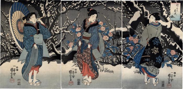 Triptych of <i>Plum Blossoms in the Evening Snow</i> (<i>Tsumoru yo no ume</i> - つもる夜の梅)