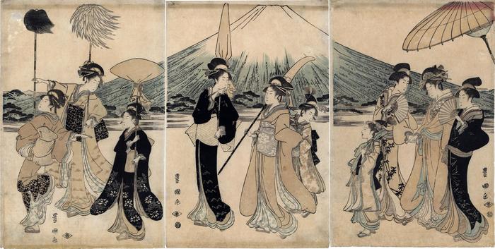 Elegant women with attendants in a parody of a daimyō's procession - these are the center 3 of a 5 panel pentaptych 