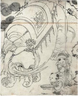 Chinese children (<i>karako</i>) and an elephant from the Hokusai school - <i>shita-e</i> (preliminary drawing)