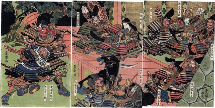 Triptych of Musashibō Benkei (武蔵坊弁慶) capturing Tosabō during the night attack at Horikawa (<i>Horikawa yo uchi</i> - 堀川夜討)