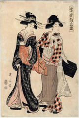A courtesan and a geisha carrying a shamisen, possibly on their way to a teahouse assignation - from the series 'Modern Dyed Cotton Kimono' (<i>Tōsei Zokui-zome</i> - 當世俗衣染)  