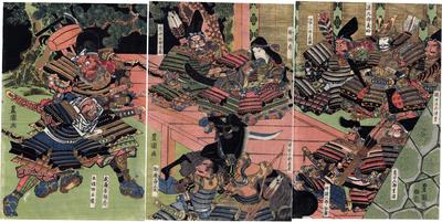 Triptych of Musashibō Benkei (武蔵坊弁慶) capturing Tosabō during the night attack at Horikawa (<i>Horikawa yo uchi</i> - 堀川夜討)