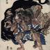 Left panel of a diptych of Minamoto Yorimitsu on horseback watching Ichihara no Kidōmaru (市原野 鬼童丸) being subdued by Watanabe no Tsuna - <i>Raikō sitennō to Kidōmaru</i> (頼光主従と鬼童丸)