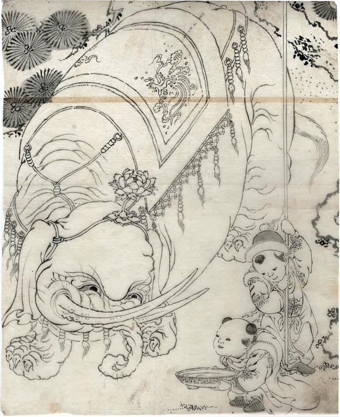 Chinese children (<i>karako</i>) and an elephant from the Hokusai school - <i>shita-e</i> (preliminary drawing)