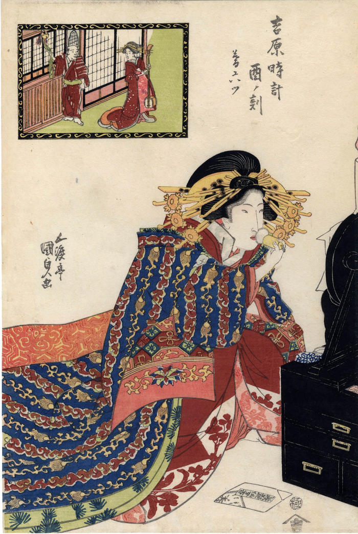 The Hour of the Rooster, Sixth Hour of Twilight (<i>Tori no koku, Kure muttsu</i>) - 5 to 7 PM, from the series <i>A Yoshiwara Clock</i> (<i>Yoshiwara tokei nihen - Mitate hakkei</i> - 吉原時計　酉ノ刻　暮六ツ) 