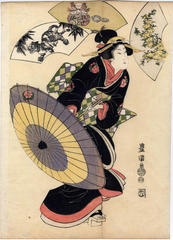 <i>Bijin</i> carrying a <i>janome-gasa</i> or snake's eye umbrella with 3 fan motifs, one with the Zodiac sign of the tiger - one panel of a triptych? - <i>Yayoi</i> (弥生), the 3rd month
