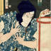 Bandō Hikosaburō V (坂東彦三郎) as Gengobei (源五兵衛) in the play <i>Drawing a crowd for the chorus in the two theaters</i> (<i>Koe mo Sorou Ryōza no Ōyose</i> - 音揃成両勘大寄) - the center panel of a triptych 