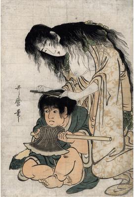Yamauba shaving Kintarō's head [山姥と金太郎　かみそり]