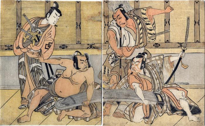 Matsumoto Kōshirō II as Hata no Daizen Taketora and Ichikawa Yaozō II as Kujaku no Saburō on the right, Nakajima Mihoemon II as Aramaki Mimishirō and Nakamura Shōchō as Ōtomo no Kuronushi (or Ki no Tsurayuki) on the left in the play <i>Kuni no Hana Ono no Itsumoji</i> ['Flowers of Japan: Ono no Komachi's Five Characters' - 倭花小野五文字]