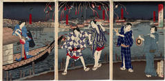Five actors in casual attire in <i>A Cool Evening at Ryōgoku Bridge</i> (両国橋夕涼之図) - Onoe Kikugorō  V as 音羽屋清吉 and Ichikawa Sadanji I  as 高島屋藤助 on the right, Kataoka Gadō III as 松島屋房八 and Nakamura Fukusuke III as 成駒屋小文吾 in the middle and is a woman with the description Yanagibashi no ko Hide (柳橋の小ひで) on the left